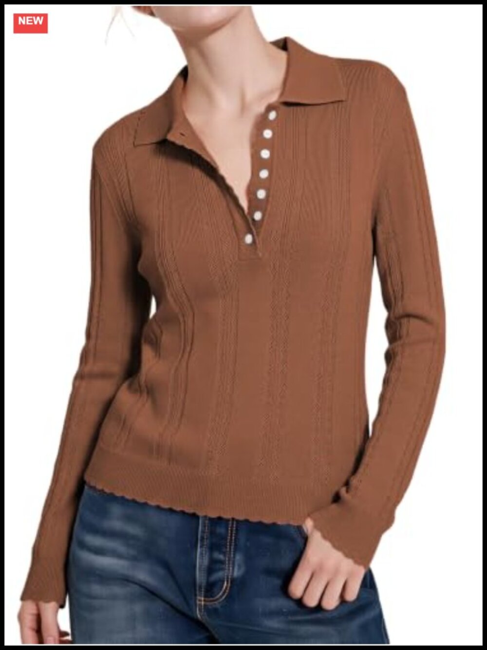 Women's Pointelle Knit Polo Shirt Long Sleeve Henley Top